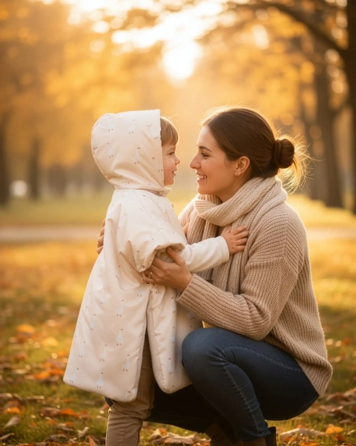 Mama zakładająca dziecku ponczo samochodowe Gąska Gaja – wygoda przed podróżą