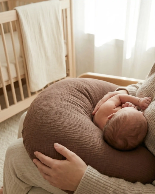 Mama karmiąca dziecko z użyciem brązowej poduszki rogal Albero Mio