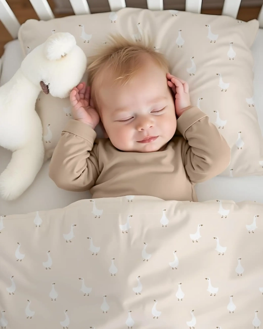 Dziecko przykryte pościelą Albero Mio wzór Gąska Gaja, ujęcie lifestyle