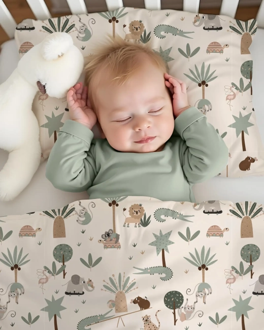 Dziecko przykryte pościelą Albero Mio wzór Zabawa w tropikach, ujęcie lifestyle