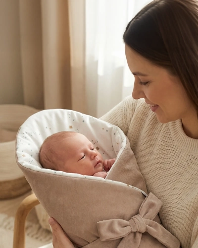 Mama trzymająca niemowlę owinięte rożkiem Albero Mio Gwiezdny pył