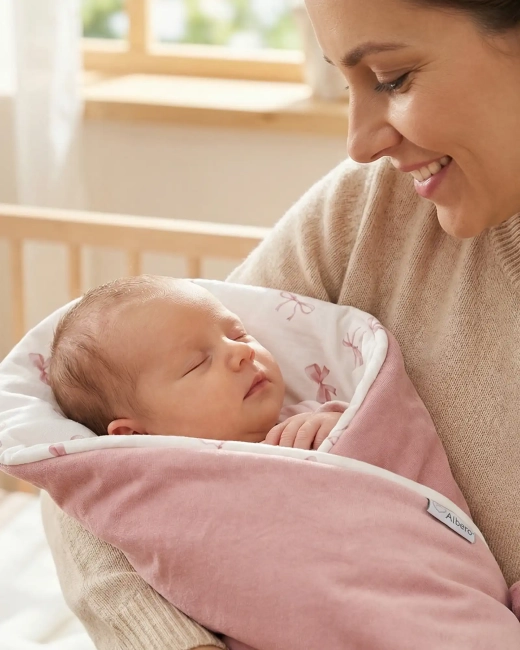 Mama trzymająca niemowlę owinięte rożkiem Albero Mio Pudrowe kokardki
