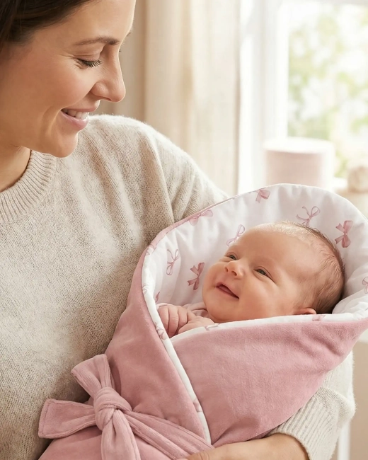 Mama z dzieckiem owiniętym rożkiem Albero Mio wzór Pudrowe kokardki