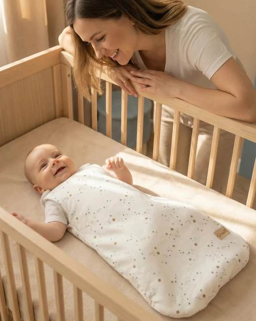 Śpiworek niemowlęcy Albero Mio Gwiezdny pył ułożony w łóżeczku