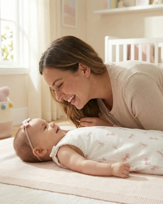Mama przy niemowlęciu w śpiworku Albero Mio Pudrowe kokardki
