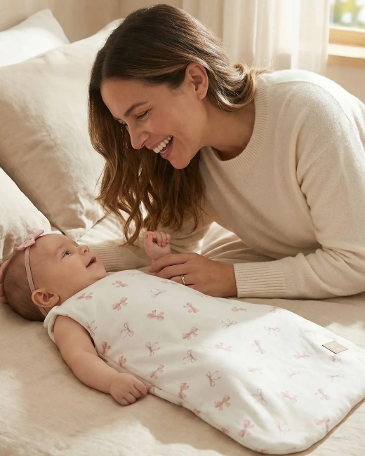 Mama przy niemowlęciu leżącym w śpiworku Albero Mio Pudrowe kokardki