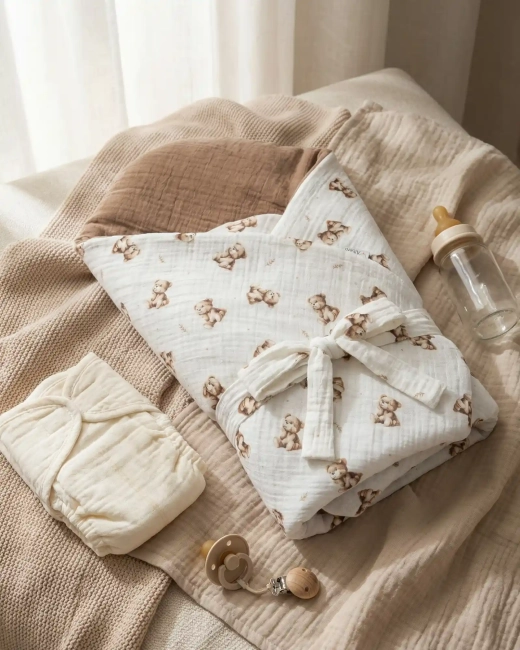 Rożek niemowlęcy Albero Mio Vintage Teddy ułożony na łóżeczku