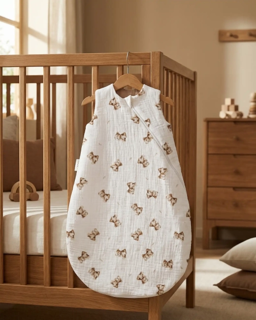 Muślinowy śpiworek Albero Mio Vintage Teddy zawieszony przy łóżeczku