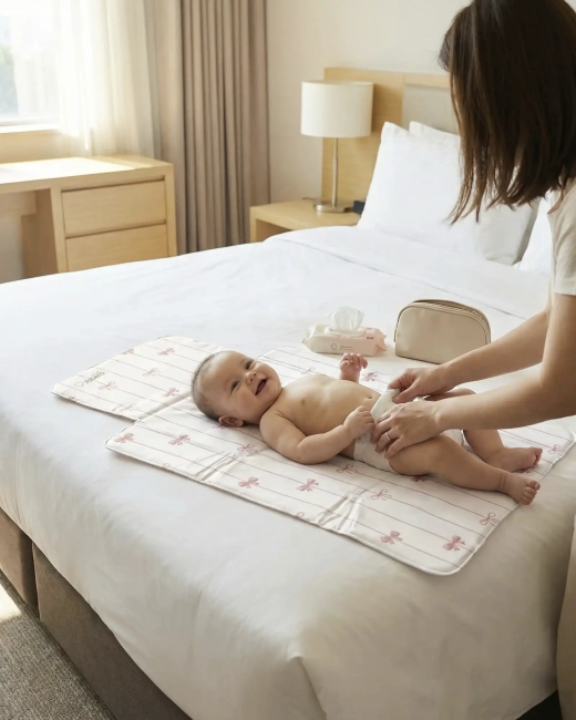 Mama przewijająca dziecko na macie podróżnej Pudrowe kokardki Albero mio na łóżku w pokoju hotelowym