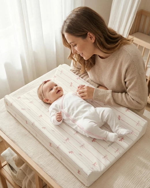 Mama uśmiechająca się do dziecka leżącego na przewijaku w kokardki