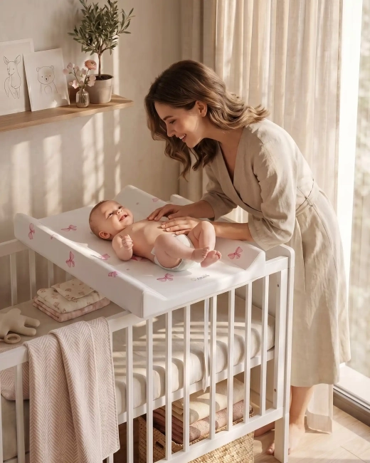 Mama przewijająca dziecko na przewijaku niemowlęcym Albero mio baletnica, który jest zamontowany na łóżeczku