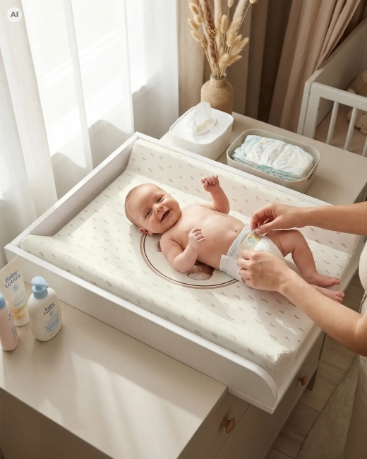 Mama przewijająca dziecko na macie profilowanej Vintage Teddy na komodzie