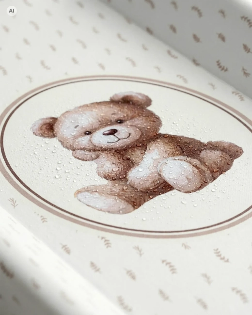 Krople wody na przewijaku miękkim Vintage Teddy pokazujące jego wodoodporność