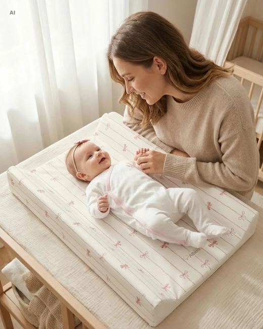 Mama pielęgnująca niemowlę na miękkim przewijaku profilowanym Albero Mio ze wzorem w różowe kokardki.