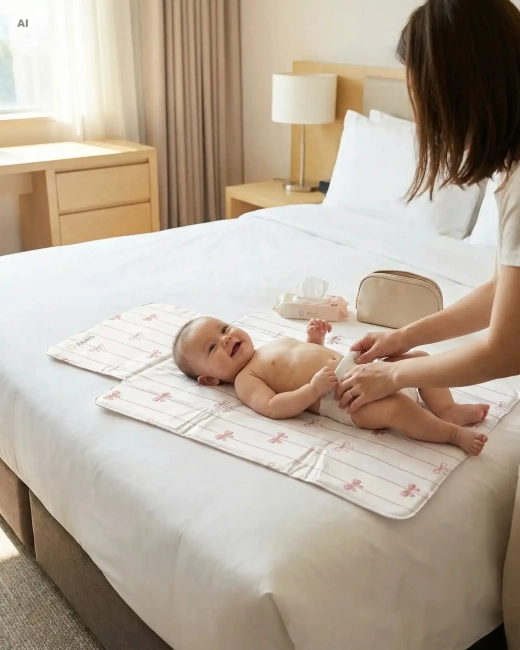 Mama przewijająca dziecko na macie podróżnej Pudrowe kokardki Albero mio na łóżku w pokoju hotelowym