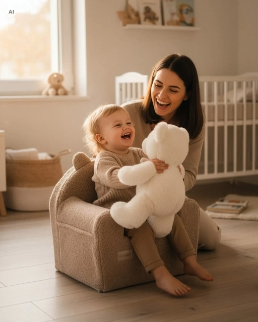 Mama bawi się z dzieckiem – karmelowy fotelik Albero Mio w sypialni