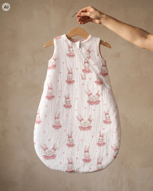 Muślinowy śpiworek do spania 1 TOG Vintage Bunny marki Albero Mio powieszony na drewnianym wieszaku.