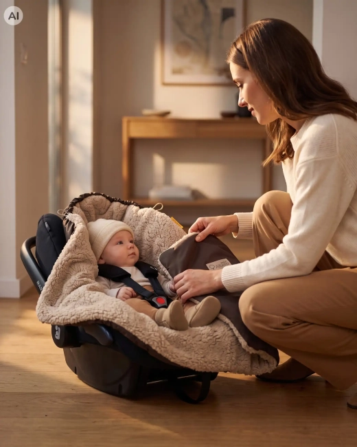 Mama okrywająca niemowlę w foteliku samochodowym ciemnobrązowym otulaczem Albero Mio z miękkim barankiem.