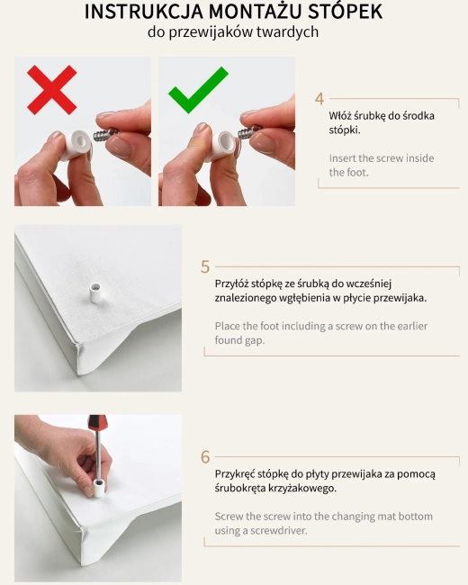 Druga część instrukcji pokazująca prawidłowy montaż stópek zabezpieczających do sztywnego przewijaka na łóżeczko.