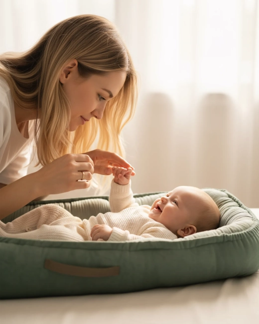 Mama pochylająca się nad dzieckiem, które leży w welurowym gniazdku zielonym Albero mio